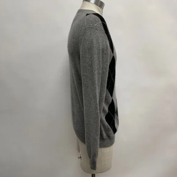 Northern Isles Sweater Medium Gray Argyle Diamond 100% 2 Ply Cashmere V-Neck